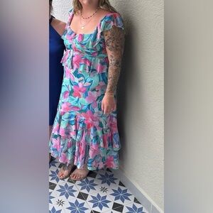 Show Me Your MuMu Floral Midi Dress in Pink and Blue